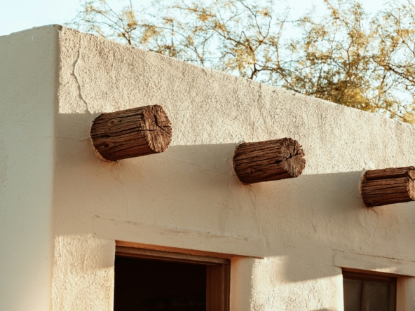 Exterior building structure of an adobe desert house.
